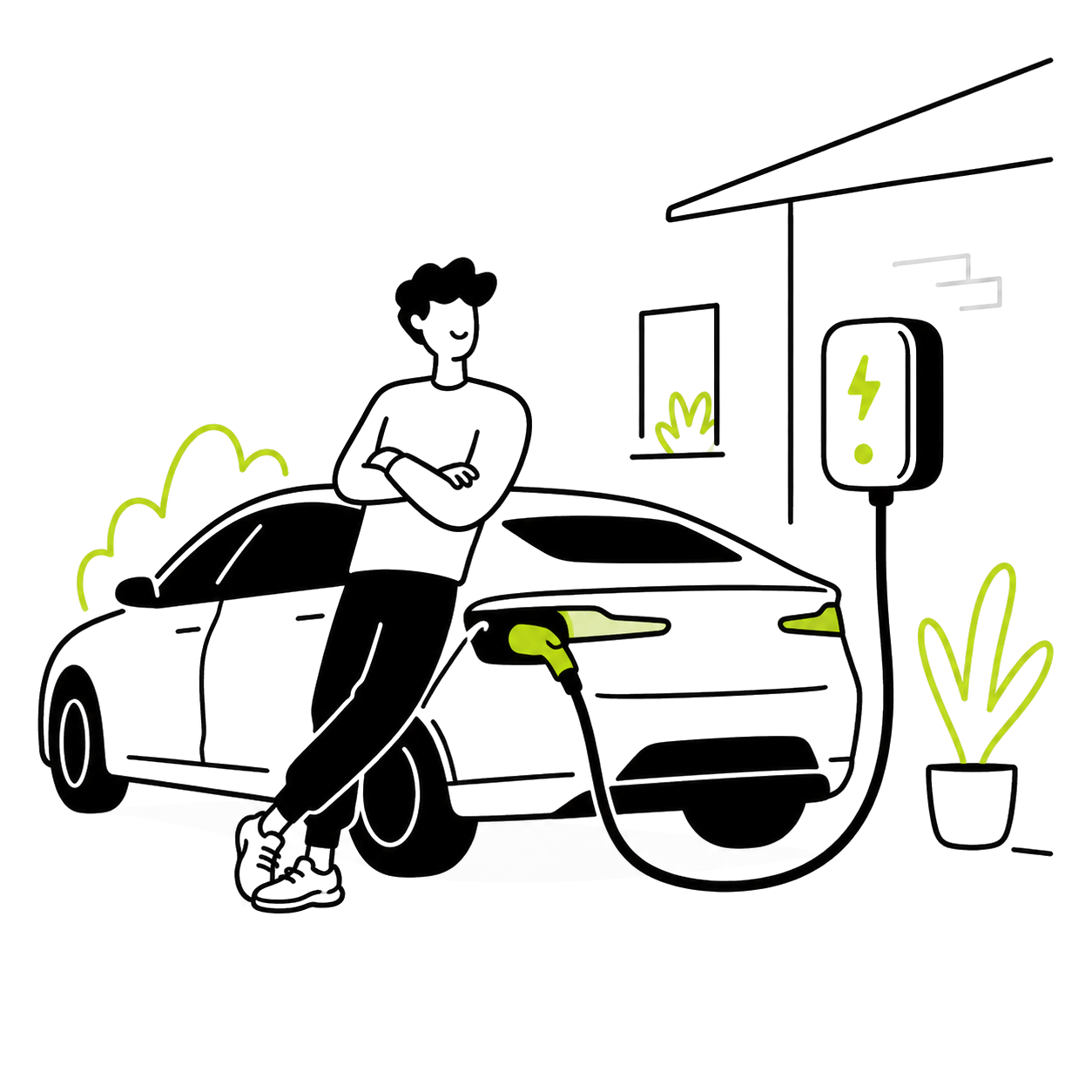 EV owner leaning beside an electric car connected to a home charger