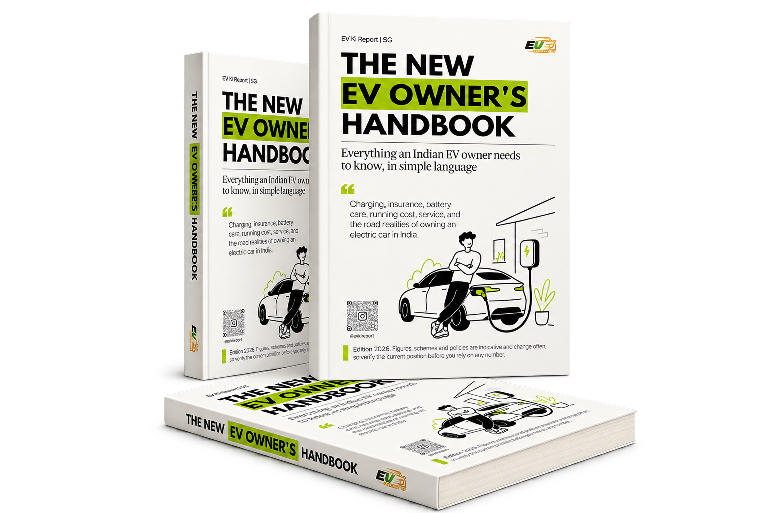 The New EV Owner's Handbook shown as three transparent-background book mock-ups